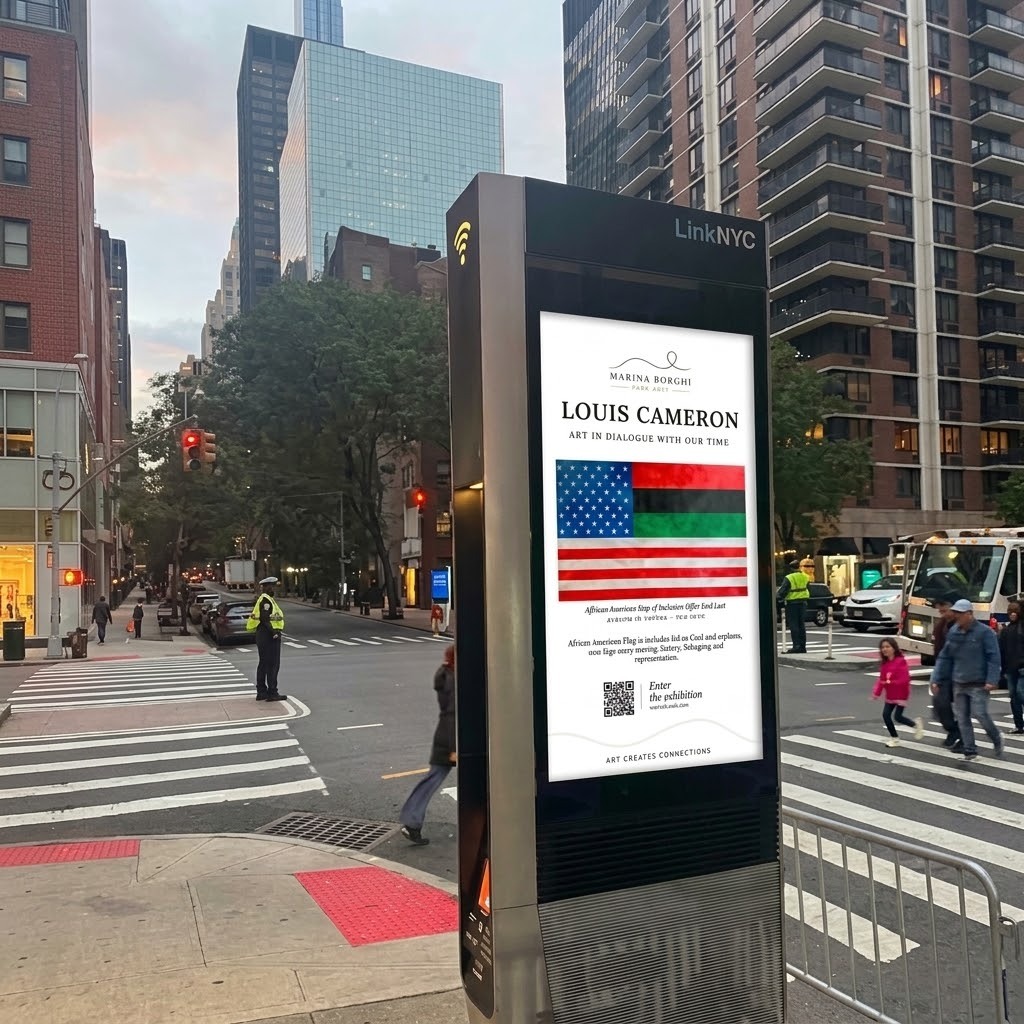 Marina Borghi Fine Art Louis Cameron exhibition poster displayed on a New York City street.