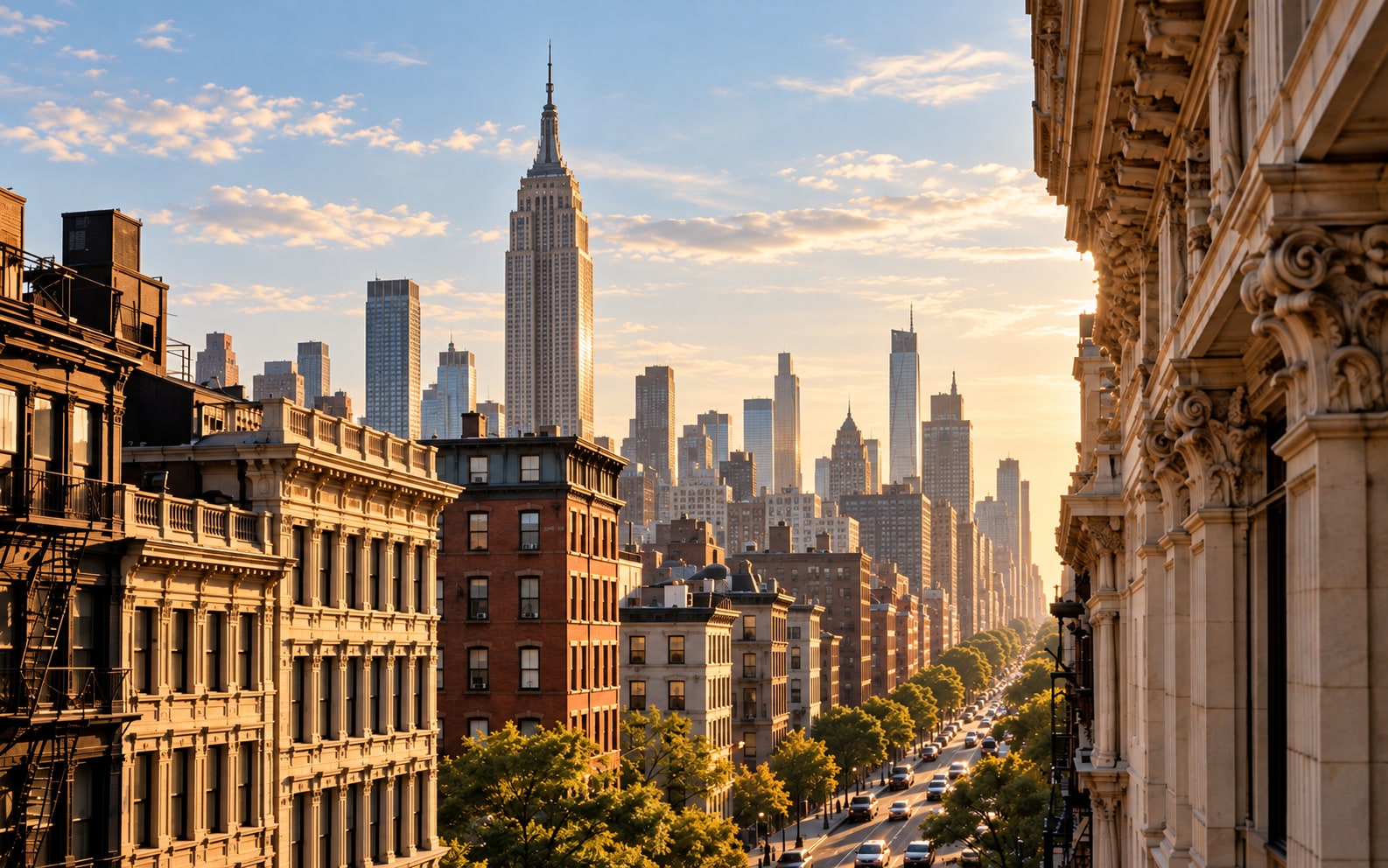 A sunlit view across Manhattan toward the Empire State Building.